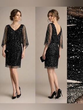 Pisarro Nights Black Beaded Sequin Dress Sheer Formal Wedding Whimsical Fairy 8